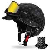 HALYING Retro Halbschalenhelm für Motorrad/Cruiser/Scooter ECE22.06 -Zertifizierter, Abnehmbarem Nackenschutz, Atmungsaktives Innenfutter für Damen/Herren Mofa Helm Chopper Helm Jethelm