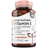 Vitamin E 400IU D-Alpha Tocopherol - 100% natürliches Vitamin E - 90 vegane Kapseln - hochabsorbierbar - 3 Monatsvorrat - schützt die Zellen vor oxidativem Stress - Hergestellt von Nutravita