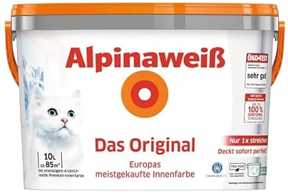 Alpinaweiß Das Original – optimal deckende und ergiebige weiße Wandfarbe – mit Spritz-Schutz-Formel – inkl. Roller-Set und Farbwanne - 10 Liter