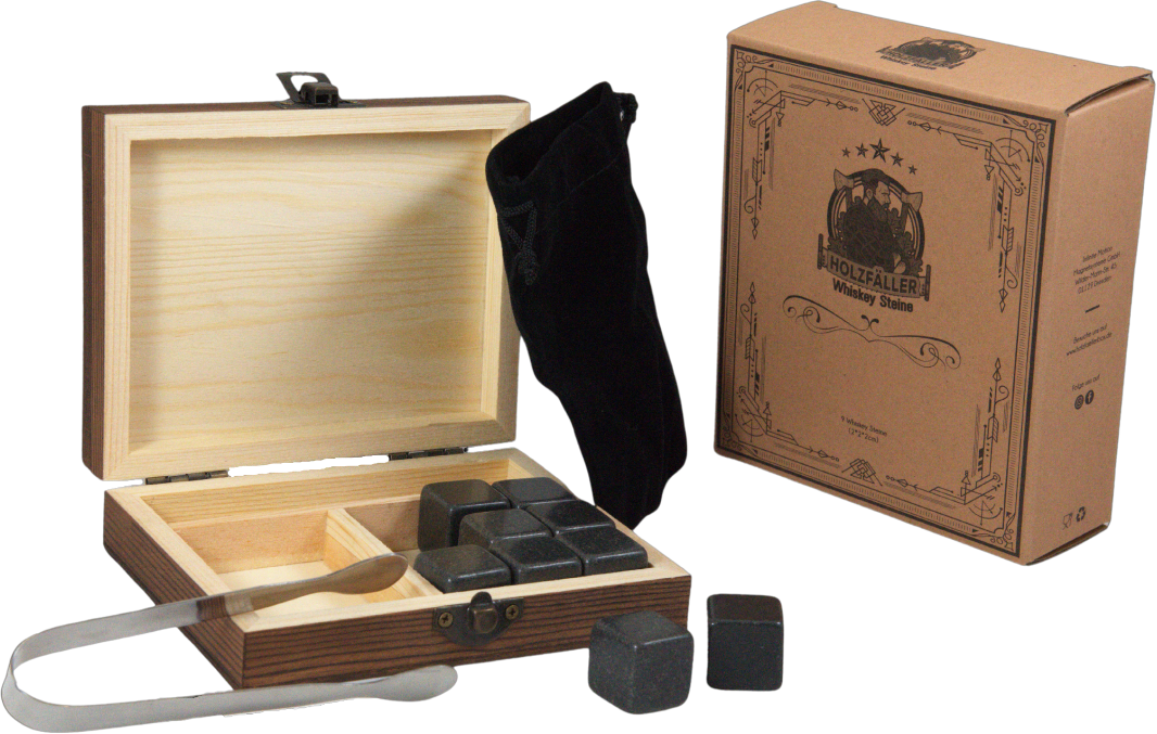 Holzfäller Eiswürfel-Steine »Whisky Steine 9 Eiswürfel aus Basalt mit Samtbeutel, Holzbox & Zange -