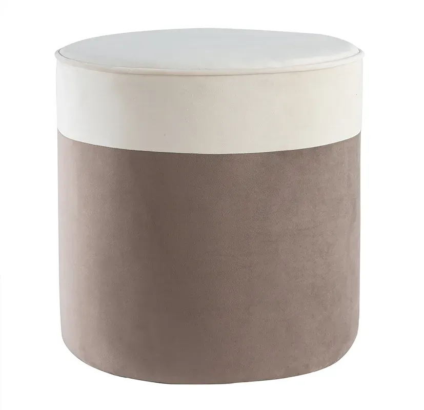 Pouf design bicolore en tissu velours blanc crème et taupe D40 cm DAISY