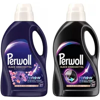 PERWOLL Flüssig-Set 2x 27 Waschladungen (54WL) 1x Black & 1x Black Blütenmeer, Feinwaschmittel-Set reinigt sanft und erneuert dunkle Farben und Fasern, mit Dreifach-Renew-Technologie