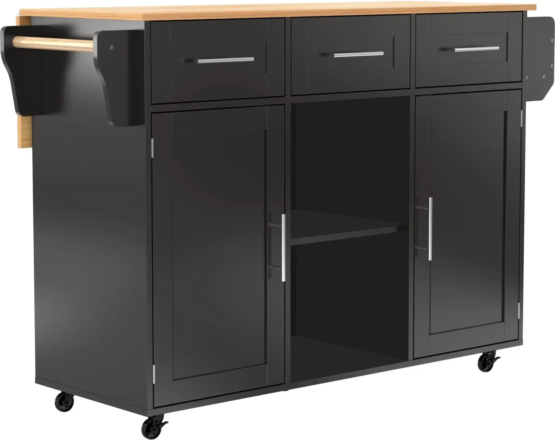 Großer Küchenwagen und Anrichte, klappbarer Arbeitsplatte, viel Stauraum, 139x46(71)x91,5 cm, Schwarz