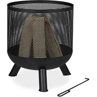 Relaxdays Feuerkorb, Mesh Design, Feuerrost, Schürhaken, Feuer im Garten, Feuertonne, Stahl, HxD: 53 x 44 cm, schwarz