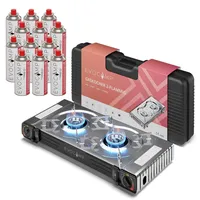 Gaskocher 2-flammig mit Piezozündung - Campingkocher für Gaskartuschen MSF-1a 227g - Camping Gaskocher für Campinggaz - Campingkocher 2 flammig - Campinggaskocher - Camping Herd + 12 Gaskartuschen