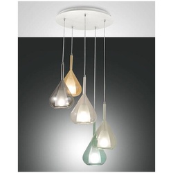 Fabas Luce Lila Pendelleuchte E27 5x40W Metall weiss und fünf Borsilikatgläser in verschiedenen Farben Amber grau transparent azurblau transparent gruen und transparent