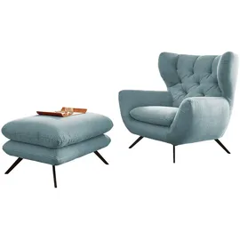 KAWOLA Hochlehnsessel CHARME Cord 70 x 110 x 80 cm hellblau mit Hockerbank