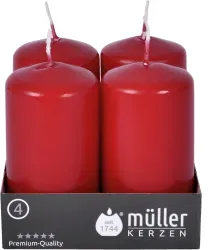 Müller Kerzen Stumpenkerze, karminrot 2400904891 , 1 Packung = 4 Stück, (Ø x H): 48 x 90 mm