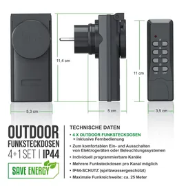 Arendo Outdoor Funksteckdosen-Set für den Außenbereich - 4x Funkschalter / 1x Fernbedienung / IP44