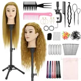 Yekavo Frisierkopf Echthaar mit Stativ, Trainingskopf mit 90% Echthaar 61cm/24inch, Schaufensterpuppe Kopf Übungskopf, Frisieren Kosmetologie Puppe Kopf mit Tischklemme Halter und Friseur-Werkzeug-Set
