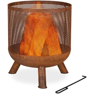Relaxdays Feuerkorb, Mesh Design, Rostoptik, Feuerrost, Schürhaken, HxD: 53 x 44 cm, Garten Feuertonne, Stahl, braun