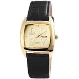 FLAIR Damenuhr Armbanduhr Kunstlederarmband schwarz Analog Uhr goldfarbig Quartzwerk