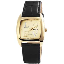 FLAIR Damenuhr Armbanduhr Kunstlederarmband schwarz Analog Uhr goldfarbig Quartzwerk