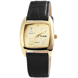 FLAIR Damenuhr Armbanduhr Kunstlederarmband schwarz Analog Uhr goldfarbig Quartzwerk