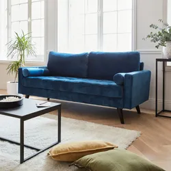 3-Sitzer-Sofa mit petrolblauem Samtbezug, skandinavisches Stil und schwarzen Holzbeinen - Ivar