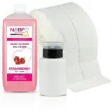 N&BF Nagel Cleaner Set mit Duft 500ml + Dispenser Pumpflasche Schwarz 150ml + 1000 Zelletten Cellulose Pads (2 Rollen à 500 Stück) - 70% Isopropanol-Alkohol – für Gelnägel – Nagelreiniger (Erdbeer)