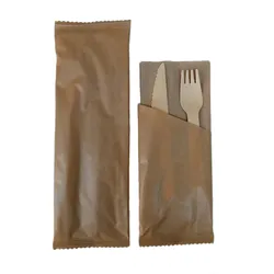 500 Bio Holzbesteck Sets- Gabel, Messer 16cm- Serviette kraft braun