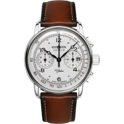 Zeppelin Herrenuhr 100 Jahre Zeppelin 86761 - Weißes Ziffernblatt mit schwarzen Zahlen/Indices,braune Naht,cognac - 42mm