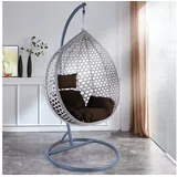 RAMROXX Luxus Hängesessel Style XXL Polyrattan Korb grau Gestell grau Kissen Dunkelbraun
