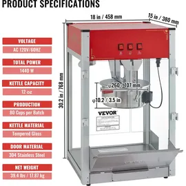Vevor Popcornmaschine Popcornautomat Popcorngerät 1440 W Popcornmaschine, 12-oz-Kessel für 80 Tassen pro Ladung, Popcornmaschine für die Arbeits...
