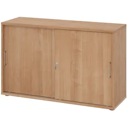 bümö Schiebetürenschrank 2OH - Aktenschrank abschließbar, Sideboard Schrank mit Schiebetüren in Nussbaum, Bügelgriff - Büroschrank aus Holz mit
