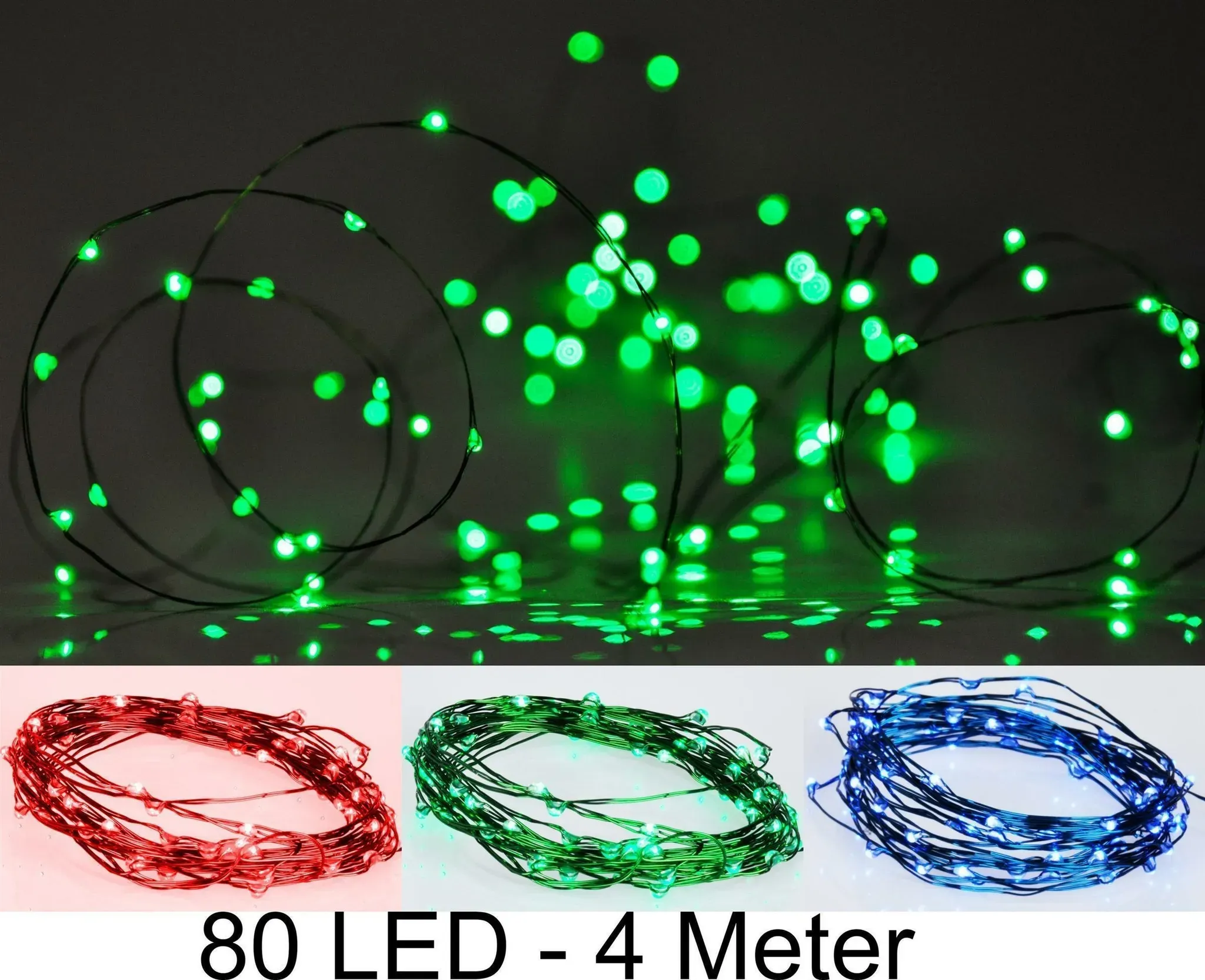 Farbiger Leuchtdraht Lichtdraht 80 LED 4m - Tropfen Micro Lichterkette batteriebetrieben