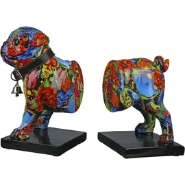Casablanca modernes Design Casablanca Deko 1 Paar Buchstützen CD Ständer - Tierfigur Mops Hundefigur mit Halsband Glocke - Design: Street Art Graffiti Rosen - Mehrfarbig Gesamtlänge 22,5 cm