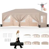 JUMMICO Pavillon 3x6 Wasserdicht Stabil Winterfest Höhe Verstellbar,Faltpavillon mit 6 Seitenwänden,Pavillion UV Schutz 50+,Gartenpavillon Faltzelt für Garten, Innenhof, Camping,Gazebo Beige