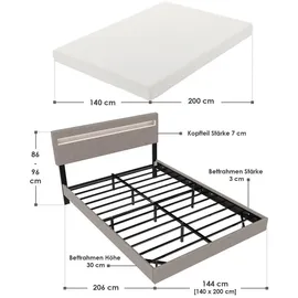 Juskys Schwebebett Lissabon 140 x 200 cm - mit Matratze, Schwebendes Design & LED-Beleuchtung - beige