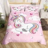 Einhorn Bettwäsche Mädchen 155x220 Kinder Einhörner Bettbezug Set Rosa Herz Stern Dekor Bettwäsche fürs bett Niedlich Pferd Einhorn Bettwäsche Set Unicorn Pferde Motiv Bettbezug mit 1 Kissenbezug