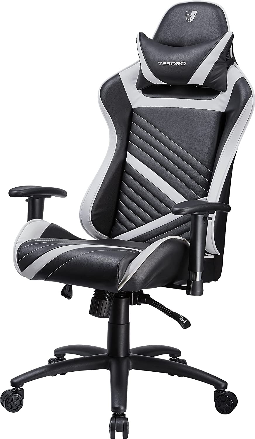 Tesoro Zone Speed Gaming Stuhl F700 Weiß/Schwarz - schmaler Gamer Stuhl mit Wippfunktion, PU-Leder, verstellbare Armlehnen, Nackenkissen