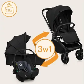 lionelo MIKA PLUS 3in1 bis 38 Monate (22kg), XXL-Verdeck mit UPF50+, 3-stufige Verstellung des Elterngriffs - Black Onyx - Schwarz