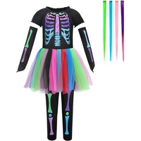Lito Angels Neon Skelett Kleid Halloween Kostüm Verkleidung, 4-teiliges Set mit Haar Clips Extensions für Kinder Mädchen Größe M, 8-10 Jahre