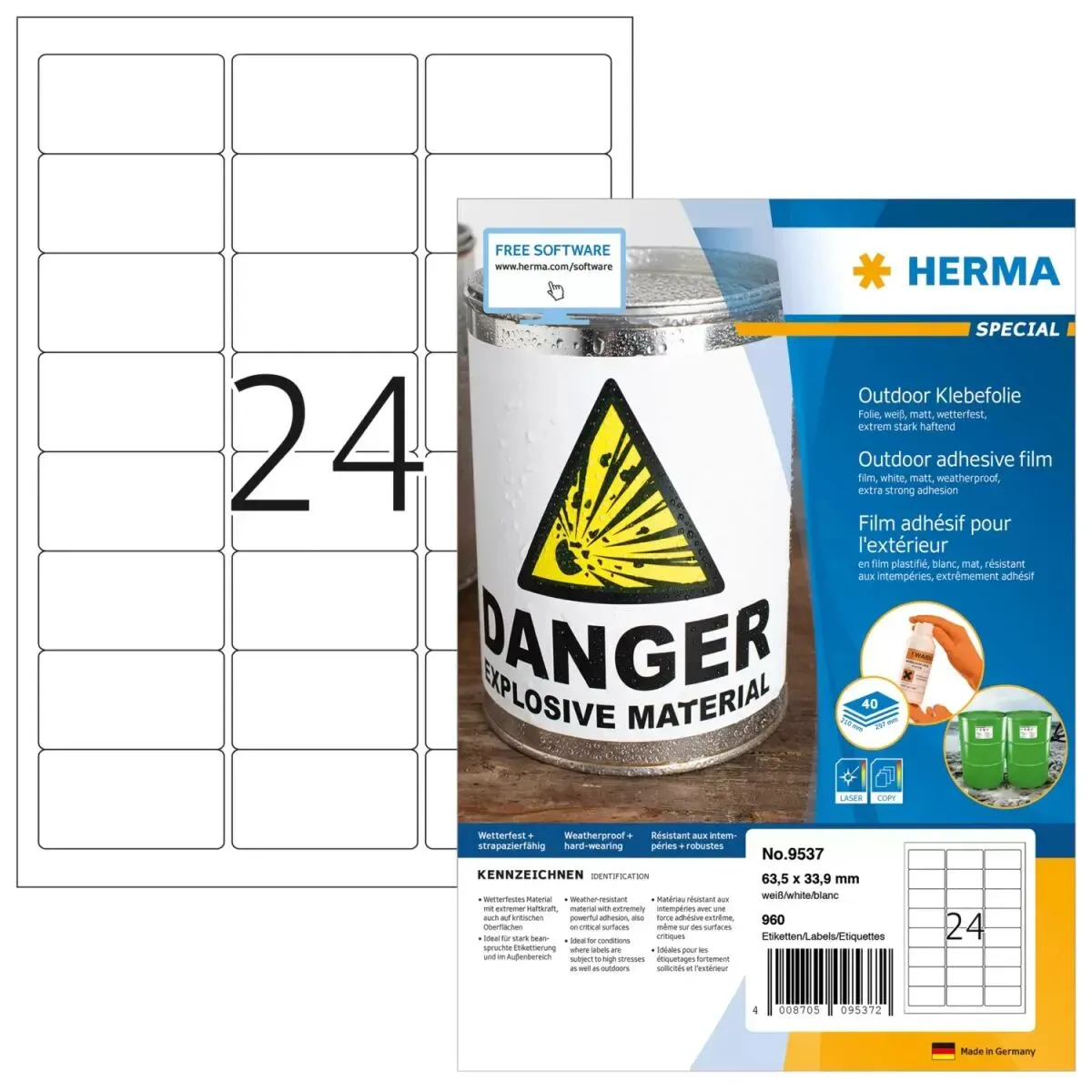 HERMA 9537 selbstklebendes Etikett Rechteck Weiß 960 Stück(e)