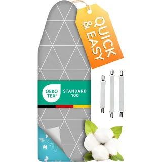 Super Soft Turbo-Bügelbrettbezug 120x40, Made in Germany, ÖKOTEX Baumwoll-Polsterung, schneller mit Thermoreflexion, 5 Größen, EasyFit+Spanner, L Fläche 116-120x38-40cm