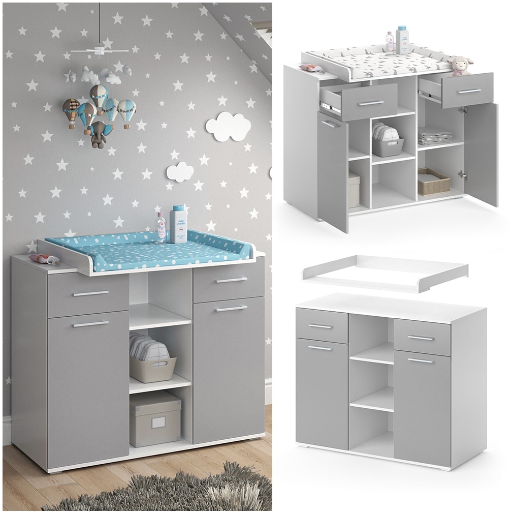Vicco Wickelkommode Wickeltisch Wickelregal Leonie mit Wickelaufsatz Weiß/Grau