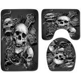 HJOSWVNS Badteppich Grauer Totenkopf-Print Badvorleger Set 3 teilig Badematte rutschfest Saugfähig Badezimmerteppich Waschbar Fussmatte Teppich, für Badezimmer, Wohnzimmer, Schlafzimmer 50x80cm