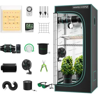 Mars Hydro Growzelt Komplettset,Upgraded TS600 Dimmbare Grow Lampe,60X60X140cm 1680D Hoch Reflektierend Mylar Grow Box Komplettset,mit 4" 205 CFM Ruhiges und Effizientes Belüftungssatz,10-Gang-Lüfter