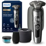 Philips Shaver S9000 Prestige, elektrischer Nass- und Trockenrasierer, helles Chrom, Lift & Cut-Rasiersystem, SkinIQ Technologie, Präzisionstrimmer, Reinigungsstation und Reiseetui, Modell SP9841/32