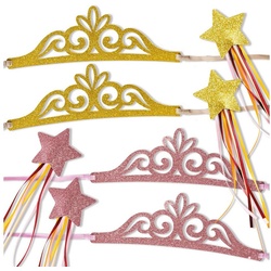 PAPIERDRACHEN Prinzessin-Kostüm Kronen mit Zauberstab – 4er Set – Glitzernde Farben goldfarben|rosa