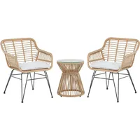 Beliani Balkonset Hellbraun Rattan Stahl Sicherheitsglas 2 Stühle Beistellstisch mit Auflagen Balkon Terrasse Garten - Balkontisch, natürlich