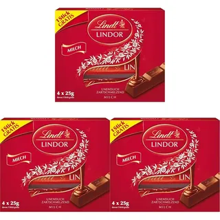 Lindt Schokolade | LINDOR Sticks Milch, Promotion | 100g | 4 LINDOR Sticks Milch mit zartschmelzender Füllung | Schokoladen-Stick (Packung mit 3)