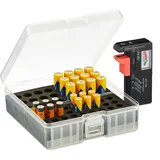 Relaxdays Batteriebox mit Tester, für 60 AA & AAA Batterien, HBT: 5,5 x 15 x 15,5 cm, Batteriekiste, transparent/schwarz