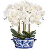 65cm Kunstpflanze Orchideen Groß Künstliche Orchideen im Weiß und Blau Keramik Topf Künstliche Deko Blumen Kunstblumen Wie Echt Mit Real-Touch Blüten Tischdeko Fensterbank Deko Hochzeit Deko