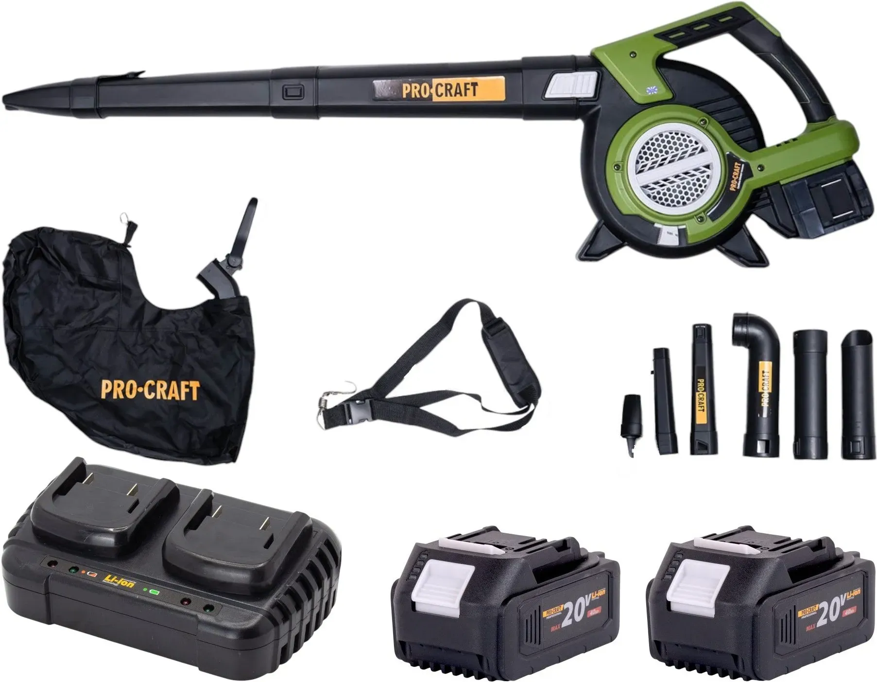 Procraft VB20 Akku Laubbläser und Laubsauger 40 V ( 2x 20 V ) Brushless + 2x Akku 4,0 Ah + Doppelladegerät