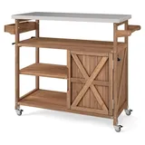 Costway Grillwagen Outdoor, Servierwagen auf Rollen, mit Edelstahl-Arbeitsplatte, Ablagen, Gewürzregal, Schrank&Handtuchhalter, (1 Tür-118x47x92 cm) - Naturbelassen
