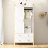 2-türiger Kleiderschrank 90x45x180 Cm Mit Kleiderstange Und 2 Schubladen Massivholz Moderner Stil Natur Und Weiß