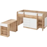 FurnitureByJDM Kompaktes, Modernes Hochbett mit Schreibtisch, Schubladen und Bücherregal – Smile R – (Eiche Sonoma/Weiß)