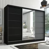 mebloland Schwebetürenschrank, 3-türig Schrank 200 cm mit Spiegel AURELIA 2 (Schwarz | Schwarz | Graphit) - Schwarz/Grau