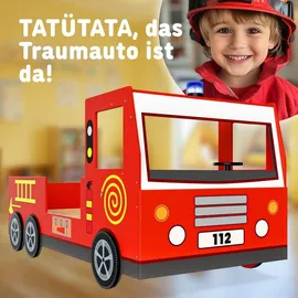 CASARIA Kinderbett Feuerwehrbett 90 x 200 cm MDF lackiert rot